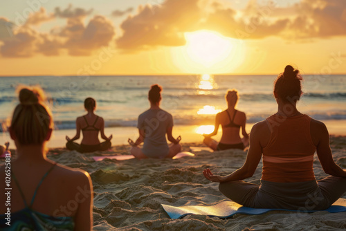 Obraz na płótnie a beach yoga session at sunrise with diverse participants w salonie