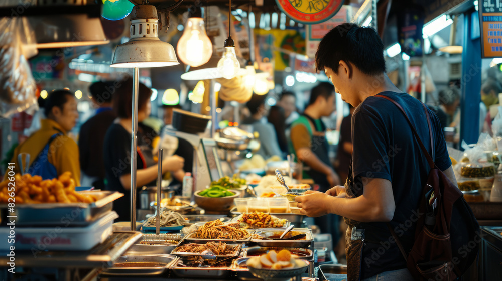 a bustling urban food market with vendors selling international cuisines and customers enjoying the atmosphere a bustling urban food market with vendors selling international cuisines and customers enjoying the atmosphere