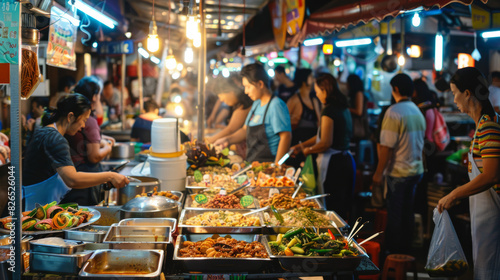 a bustling urban food market with vendors selling international cuisines and customers enjoying the atmosphere photo