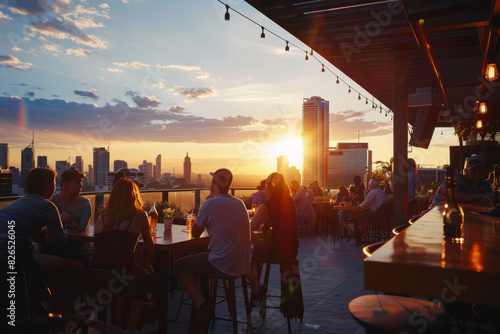 a bustling urban rooftop bar with people enjoying drinks and a stunning cityscape view