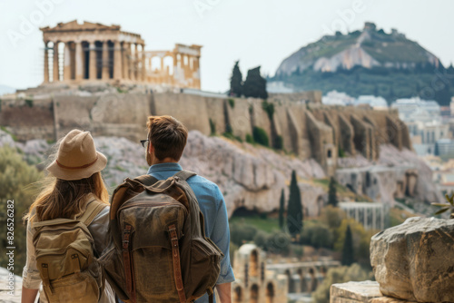 a couple exploring a historic city, with ancient architecture, informative guides, and engaged expressions, highlighting educational travel and adventure. photo
