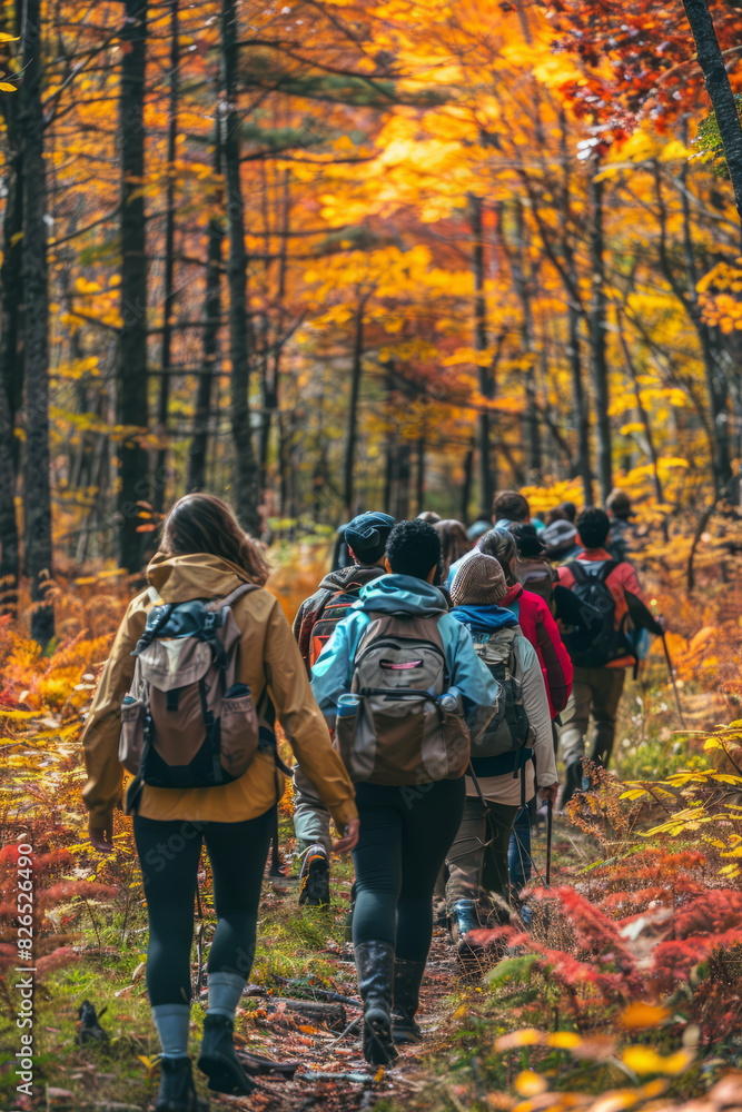 a diverse group of people hiking through a colorful autumn forest a diverse group of people hiking through a colorful autumn forest