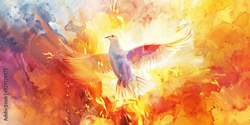 A digital watercolor painting portraying the Holy Spirit of the New Testament in the form of a winged dove amidst flames, offering space for additional content. photo