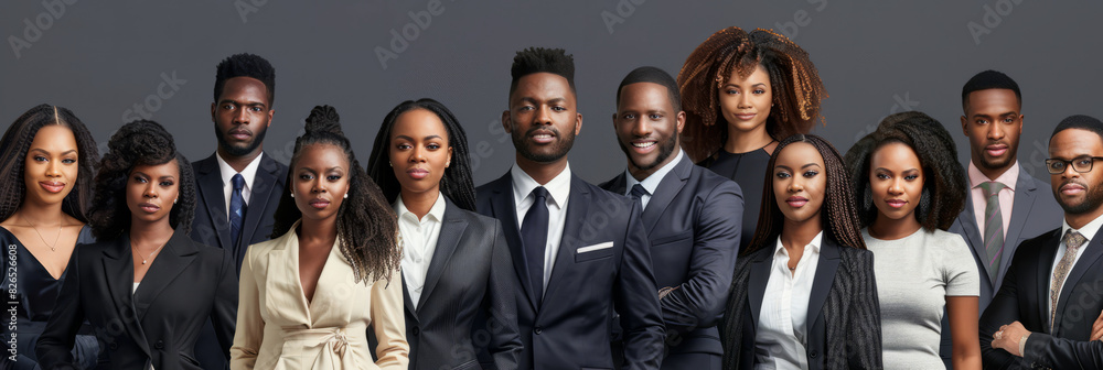 a diverse team of Black businesspeople posing confidently, with pride and motivation evident on their faces, embodying the power of teamwork.