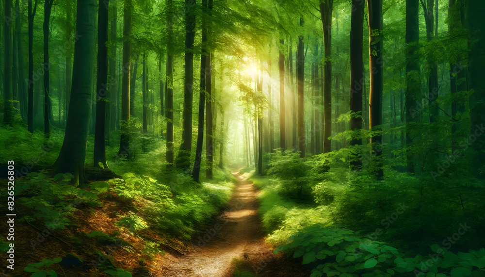 Fototapeta premium Lush Forest Trail: Peaceful Path Through Sunlit Greenery