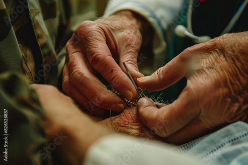 A man is getting a shot in his arm. The doctor is holding a needle and the patient is wearing a bandage. Close-up of a doctor s hands applying stitches to a wound  care in emergency treatment