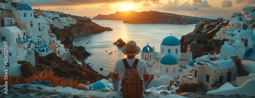 Serene Santorini sunset with a traveler admiring the view