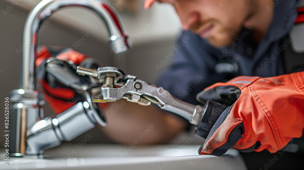 Fototapeta premium Professional plumber fixing a bathroom sink drain using water pump pliers