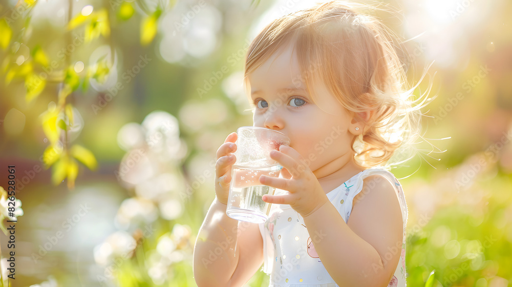 Pretty little child drinking fresh water on a sunny summer day at home, promoting healthy lifestyle for kids.