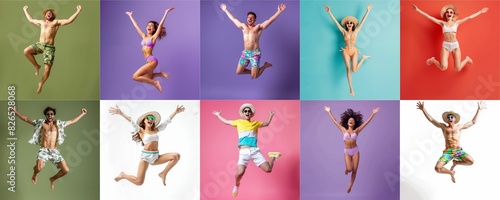 Summer people collection set  diverse people jumping on colorful background  many people funny jump wearing summer outfit fashion ready for swim and summer activity  summertime  beachwear AIG48