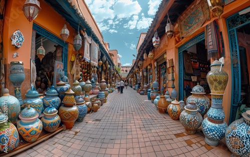 The vibrant souks in Marrakech filled with colorful pottery and crafts photo
