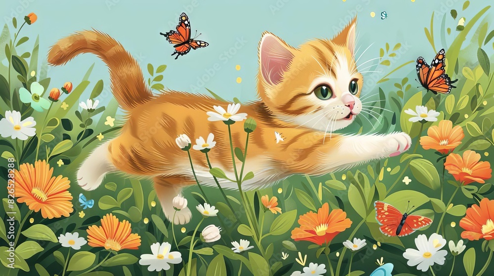 Fototapeta premium Cute kitten running through a field of flowers with butterflies.