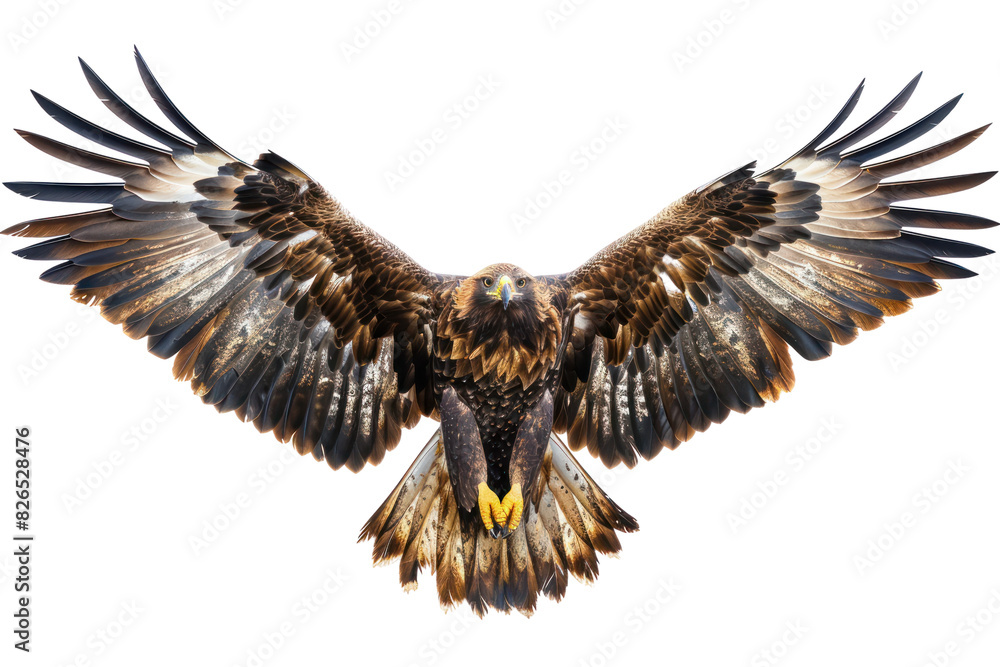 Fototapeta premium A majestic golden eagle with wings spread wide, soaring through the air with power and grace.