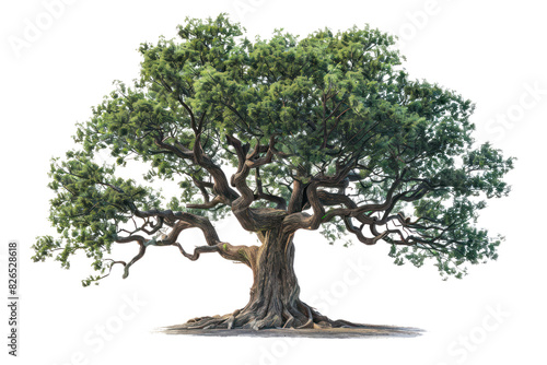 A large, majestic oak tree with gnarled branches and lush green foliage