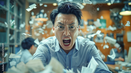 Angry businessman scream loud in office papers floating in air many documents on table.Generative AI