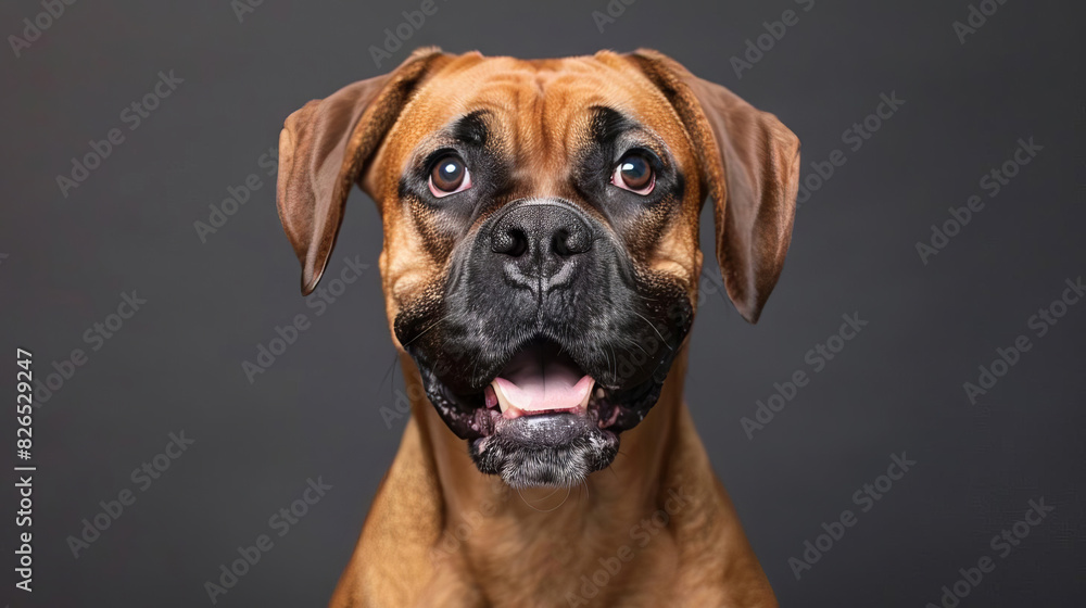 Portrait of a happy brown boxer dog on a dark background. Portrait of a happy brown boxer dog on a dark background.