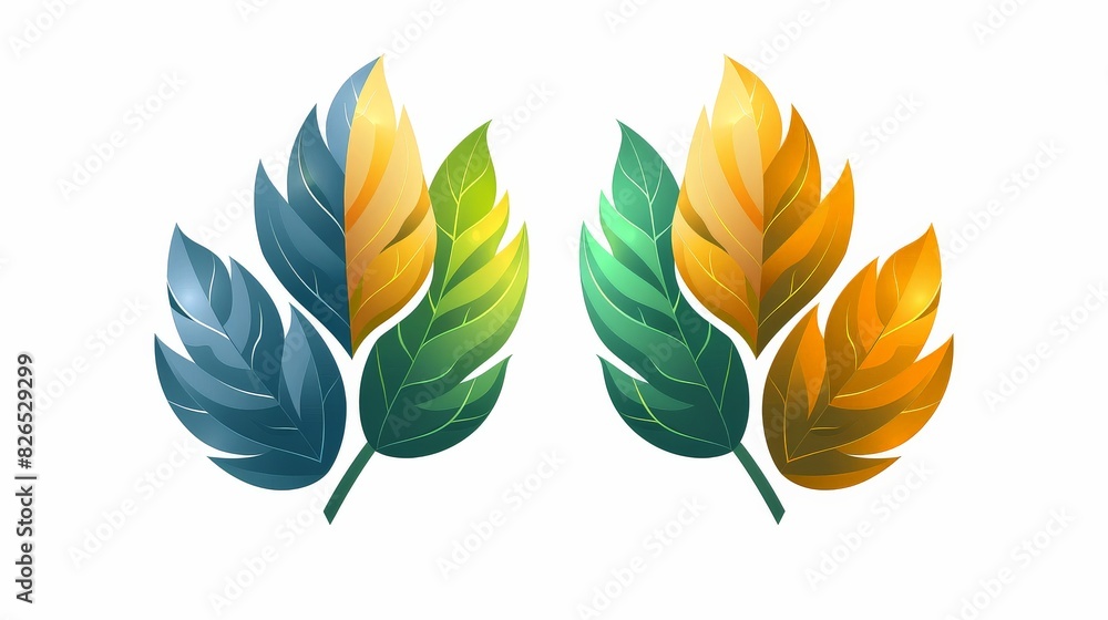 Two fresh green and yellow leaves placed on a clean white background. Two fresh green and yellow leaves placed on a clean white background.