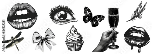 Trending elements eye, mouth, hand, cupcake, bow  with halftone stipple effect, for grunge punk y2k collage design. Pop art style dotted. Vector illustration for vintage emo gothic banner, music post 