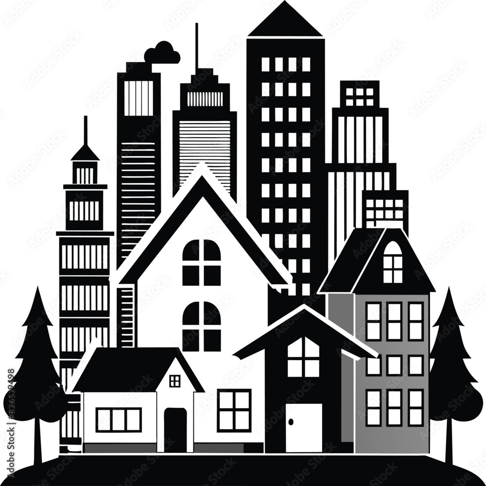 Black and white houses. Stylish high-rise buildings. on white background Black and white houses. Stylish high-rise buildings. on white background