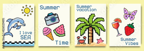 Creative concept of summer bright cards set in pixel art with dolphin, Ice cream, watermelon, palm. Modern art design templates for celebration, ads, party, event banner, cover, label, poster, sales