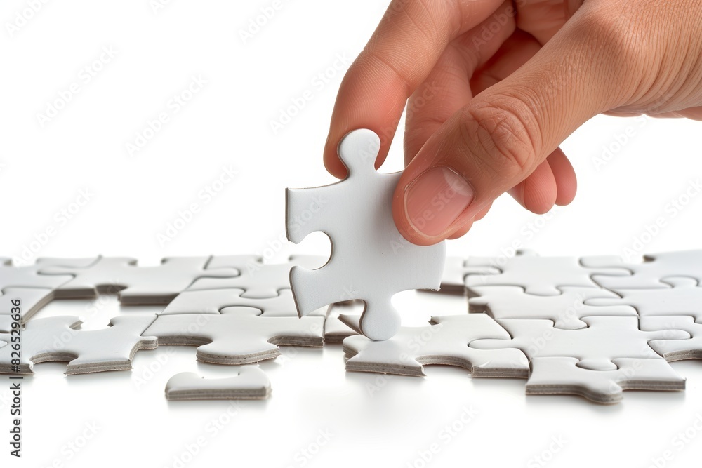 Closeup of a hand placing the final puzzle piece, white isolated background, detailed texture, high resolution, completion and achievement, stock photography Closeup of a hand placing the final puzzle piece, white isolated background, detailed texture, high resolution, completion and achievement, stock photography