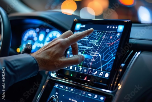 Closeup of a hand using a cars touchscreen interface, detailed display and hand, modern vehicle, high resolution, automotive technology, stock photo