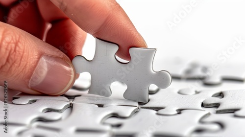 Closeup of a hand picking up a puzzle piece, white isolated background, detailed fingers and piece, high resolution, focus and precision, stock photo photo