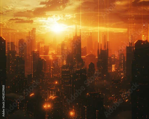 A beautiful sunset over a futuristic city. photo