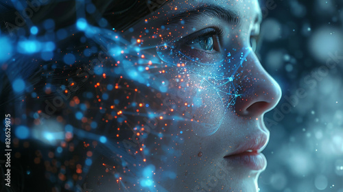 A close-up of a person's face, integrated with a digital network of glowing blue and orange nodes, symbolizing the fusion of humanity and technology.