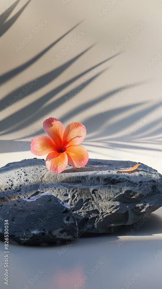 Minimal stone podium with flower and with shadow leaves on beige wall background. Mock up for presentation, branding products, cosmetics jewellery.