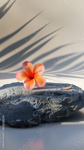 Obraz na płótnie Minimal stone podium with flower and with shadow leaves on beige wall background. Mock up for presentation, branding products, cosmetics jewellery. w salonie
