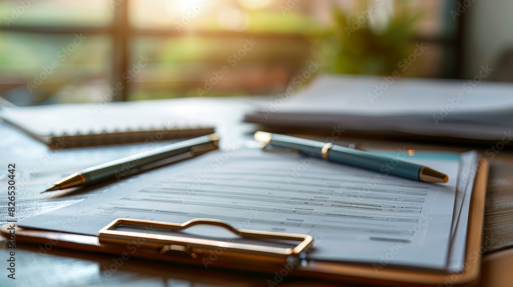 Fototapeta premium Closeup of a clipboard with documents, detailed paper and clip, office background, high resolution, professional paperwork, stock photography