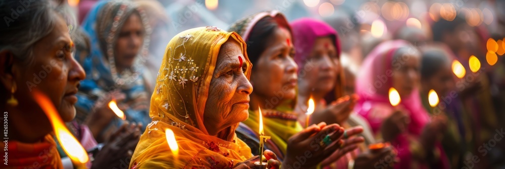 Group of women standing together, holding candles during a religious ceremony, showing unity and devotion