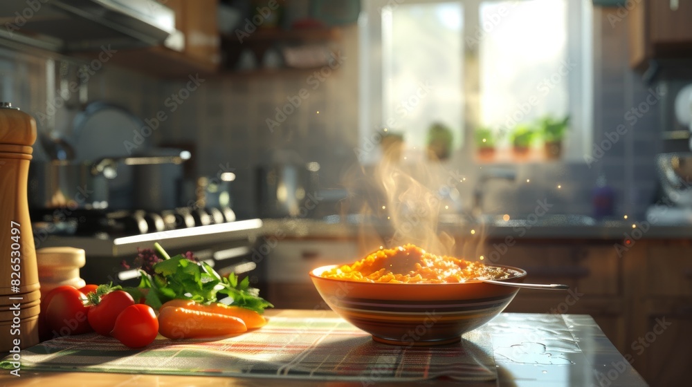 A bowl of delicious pasta sits on a kitchen counter, surrounded by fresh vegetables and herbs A bowl of delicious pasta sits on a kitchen counter, surrounded by fresh vegetables and herbs