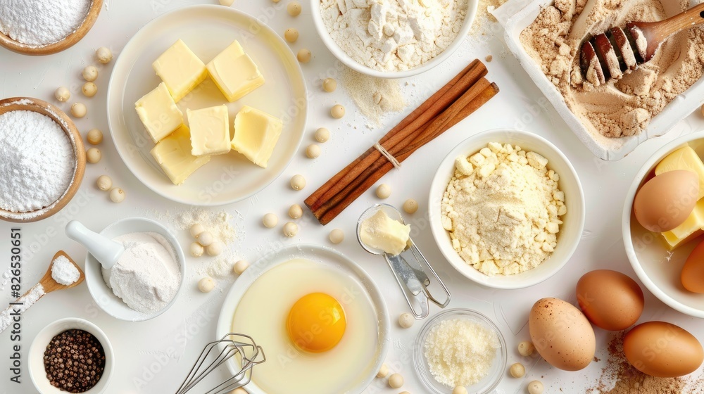 the recipe, including blocks of unsalted butter, sifted confectioners sugar, room temperature egg yolks, and vanilla extract, ready to create a delicious dessert.