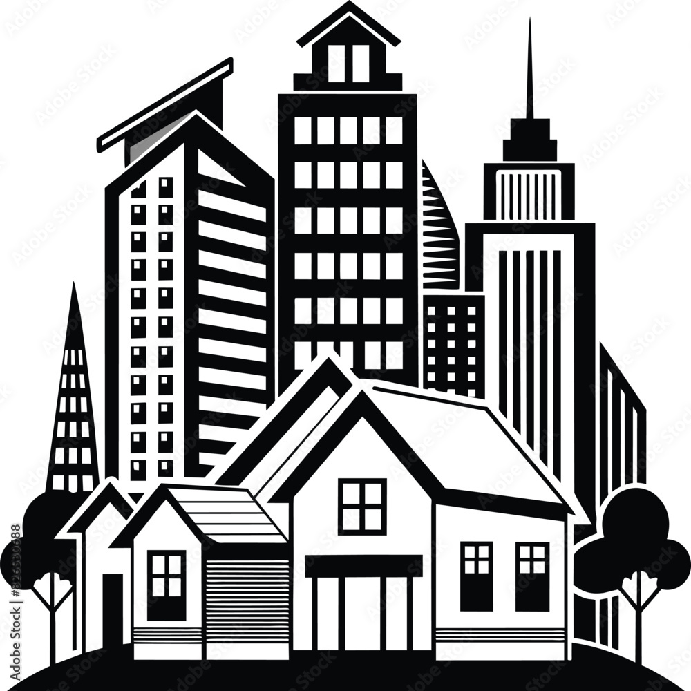 Black and white houses. Stylish high-rise buildings. on white background Black and white houses. Stylish high-rise buildings. on white background
