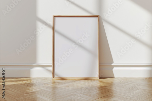 Fototapeta Naklejka Na Ścianę i Meble -  Frame floor mockup blank poster. Wooden wall frame mock up empty print background. Wood picture frame in room. 3d gallery design realistic modern interior
