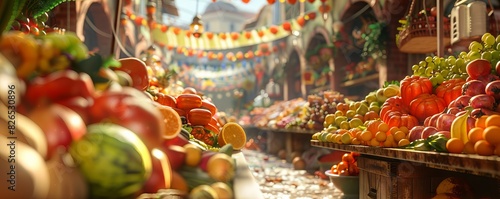 A bustling open-air market with colorful stalls of fresh fruits and vegetables. photo