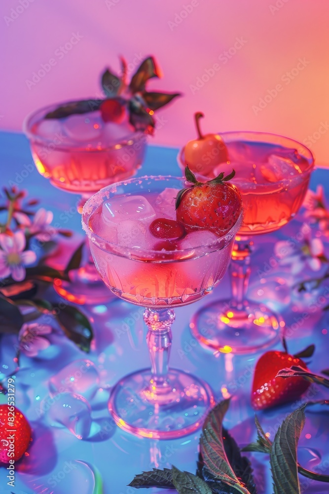 Obraz premium Refreshing Strawberry and Cherry Cocktail with Ice in Glass on Vibrant Pink Background