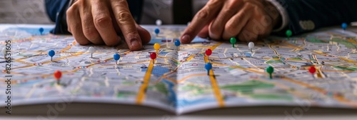 A businessman in a suit closely studying a city map with highlighted location pins indicating potential real estate investments