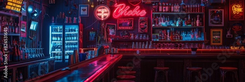 A bar illuminated by colorful neon lights and signs, creating a lively and energetic atmosphere for social gatherings © Ilia Nesolenyi