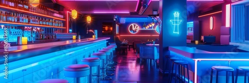 A bar filled with bright neon lights and stylish stools, creating an inviting and vibrant ambiance for socializing © Ilia Nesolenyi