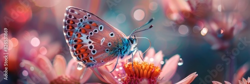 Colorful butterfly perched on delicate pink flower petal showing intricate patterns and vibrant colors © Ilia Nesolenyi