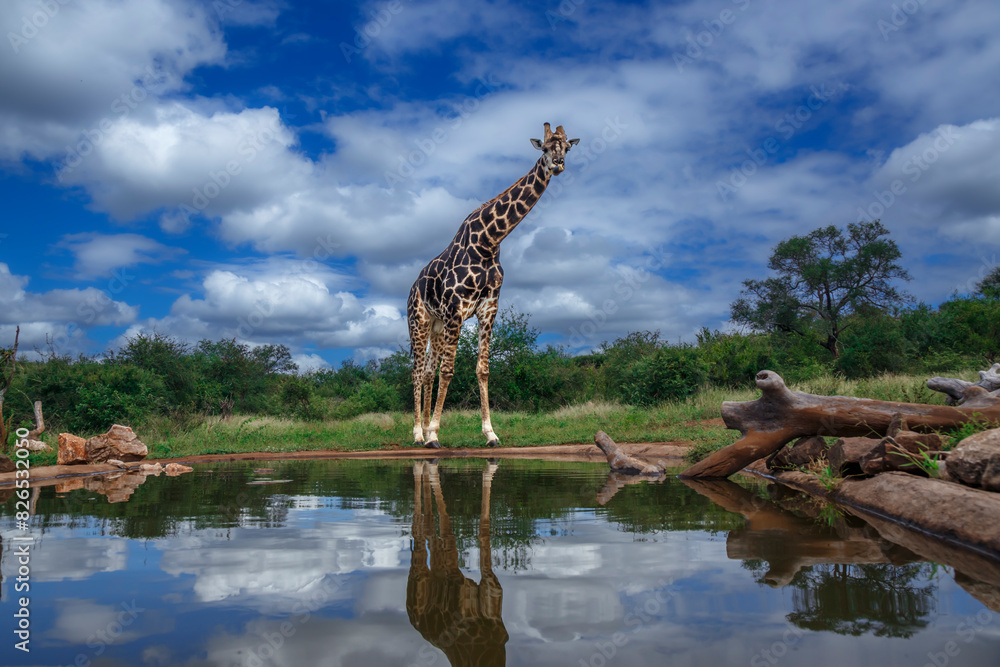 Obraz premium Giraffe along waterhole with reflection in Kruger National park, South Africa ; Specie Giraffa camelopardalis family of Giraffidae