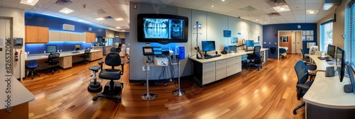 Room in modern orthopedic clinic filled with desks and computers showcasing state-of-the-art equipment and technology for diagnosing and treating ODLDX photo