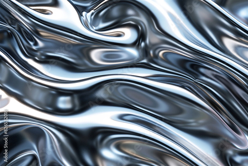 Chrome liquid silver background. Abstract metal texture with 3d waves. Silver color chrome morphism pattern, steel reflection design, aluminum shiny illustration