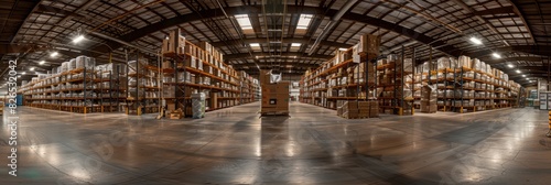 A busy warehouse with numerous shelves stocked full of products, representing a bustling logistics operation ready for shipment