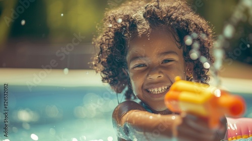 A young girl is smiling and holding a toy gun while playing in a pool