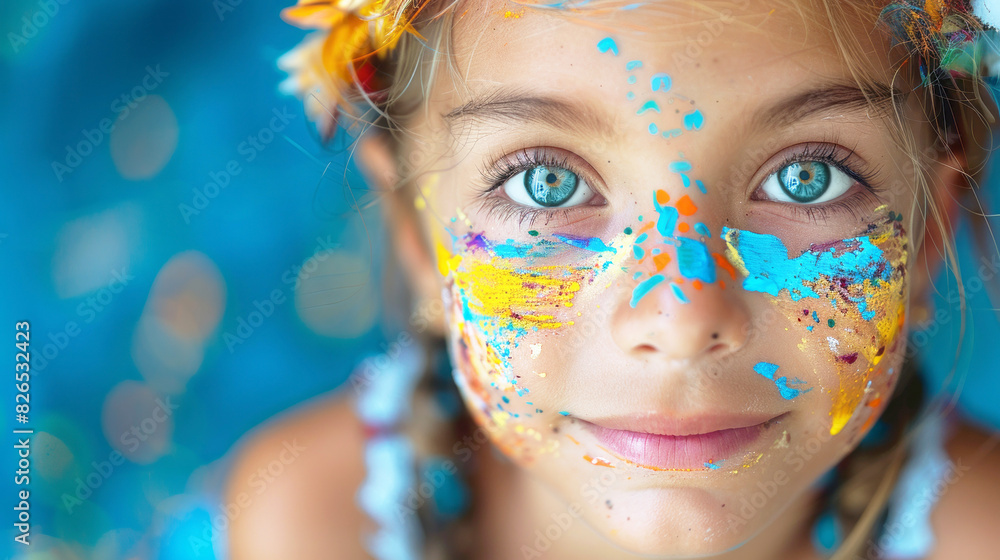 Young girl with blue eyes has colorful paint on her face Young girl with blue eyes has colorful paint on her face