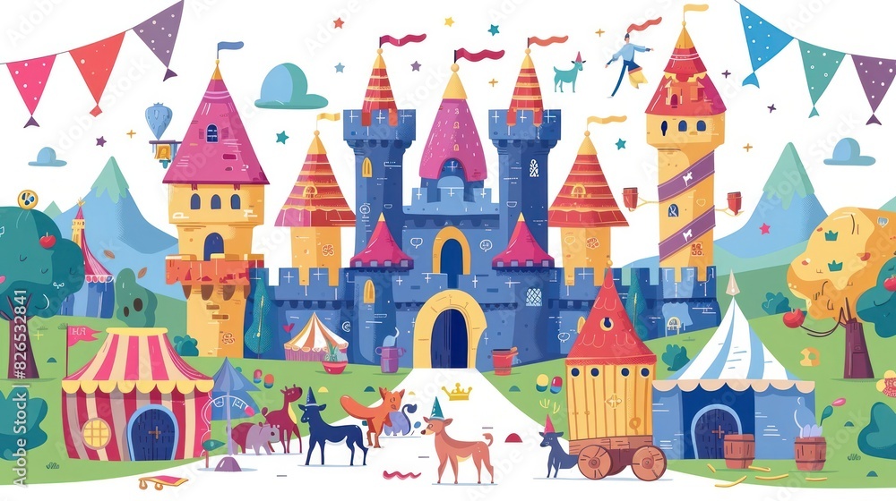 Medieval Fair Festivities A Castle Surrounded by Dabbing Animals in Vibrant Festival Lights